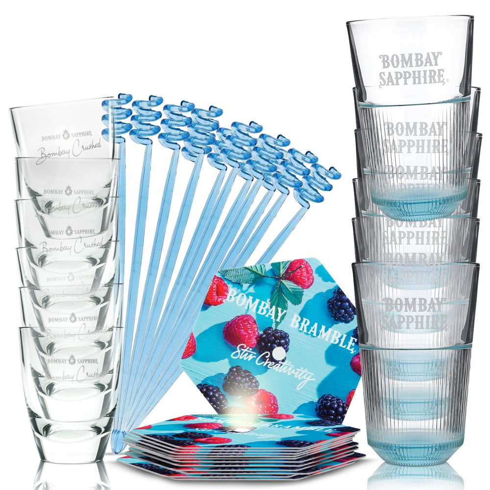 Ensemble Bombay Sapphire Bar Bundle Set II composé de verres LD, d'un tumbler, d'un agitateur et d'un dessous de verre