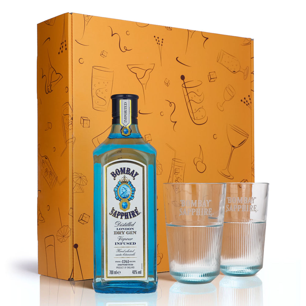 Coffret cadeau Bombay Sapphire Gin bouteille 0,7l 40% Vol. + 2 verres long drink Relief Orange