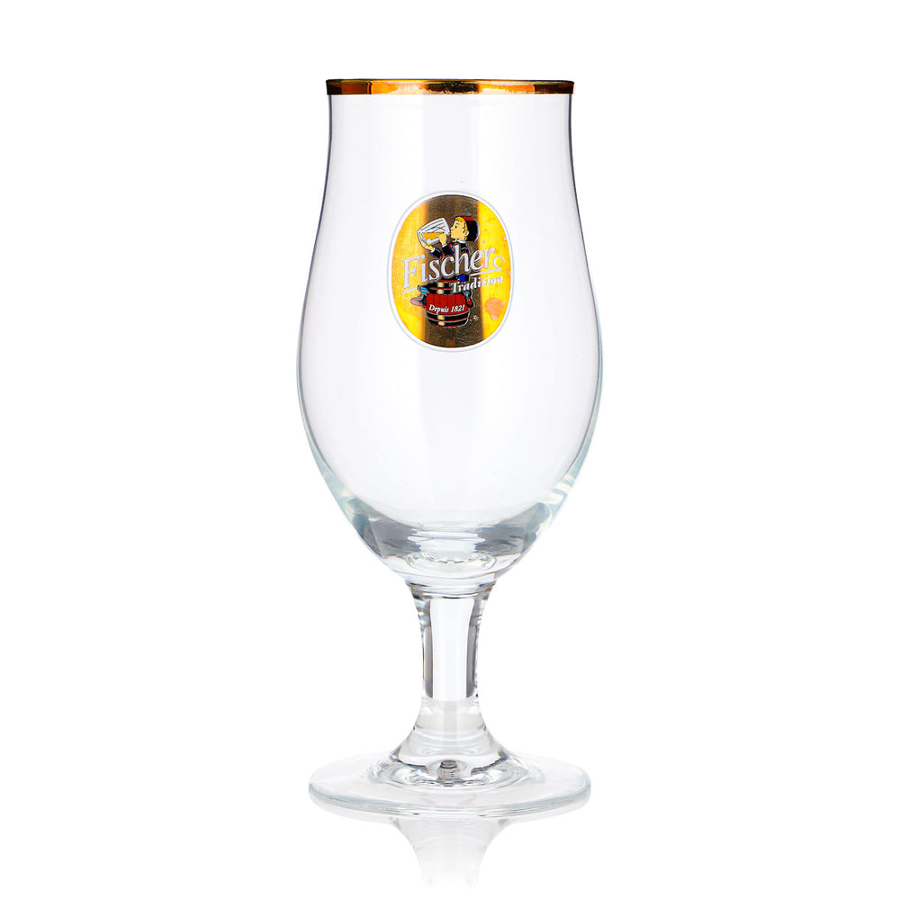 Verre à bière Brasserie Fischer 0,25 l, forme tulipe, bord doré, « Depuis 1821 », verre à bière de type gobelet