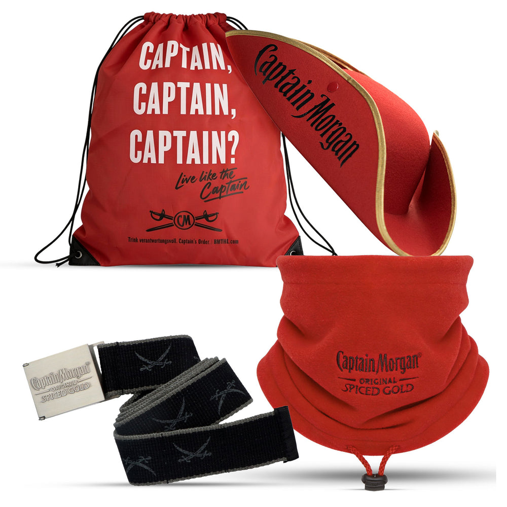 Ensemble Captain Morgan Bar III composé d'une écharpe, d'une ceinture, d'un sac en jute et d'un chapeau de fête