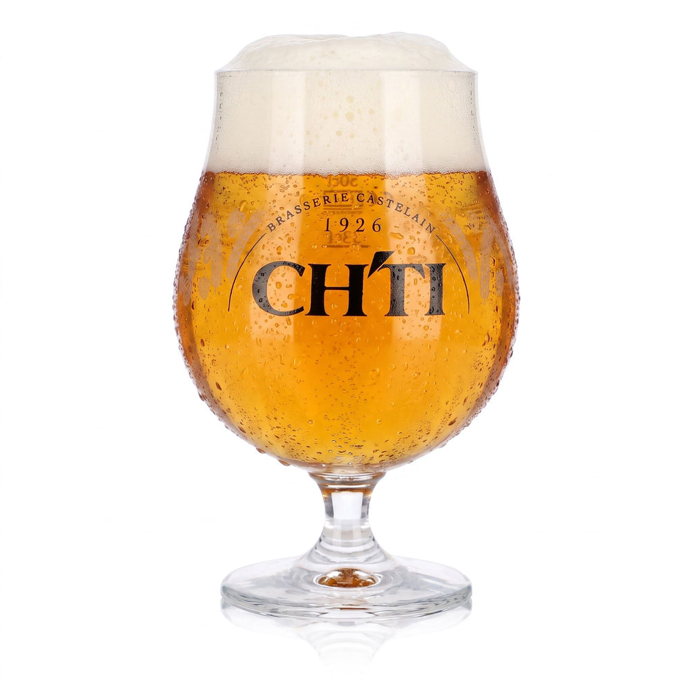 Verre à bière CHTI 0,65 l, forme tulipe, Brasserie Castelain 1926, motif « céréales »