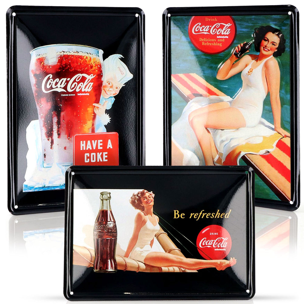 Coca Cola Fan Bundle Set II composé de 3 plaques métalliques différentes pour décoration murale