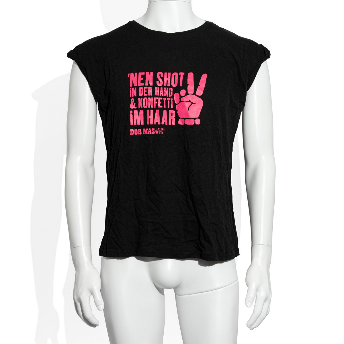 T-shirt Dos Mas Likör noir avec inscription rose, taille S/M, t-shirt pour fille « Un shot à la main et des confettis dans les cheveux »