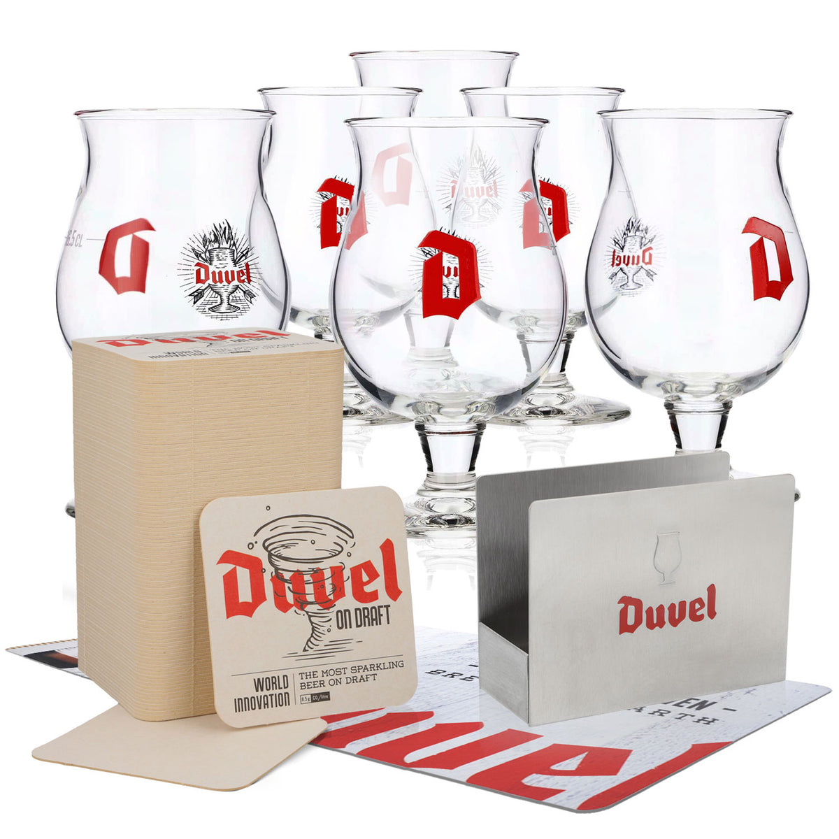 Duvel Beer Bar Bundle Set II composé de 6 verres à bière 0,16 l et 100 sous-verres avec support