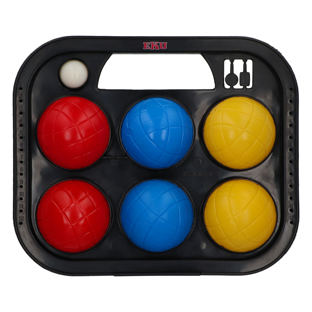 Set de boccia Eku Bier – Jeu d'extérieur avec panier de transport et 6 boules en plastique colorées
