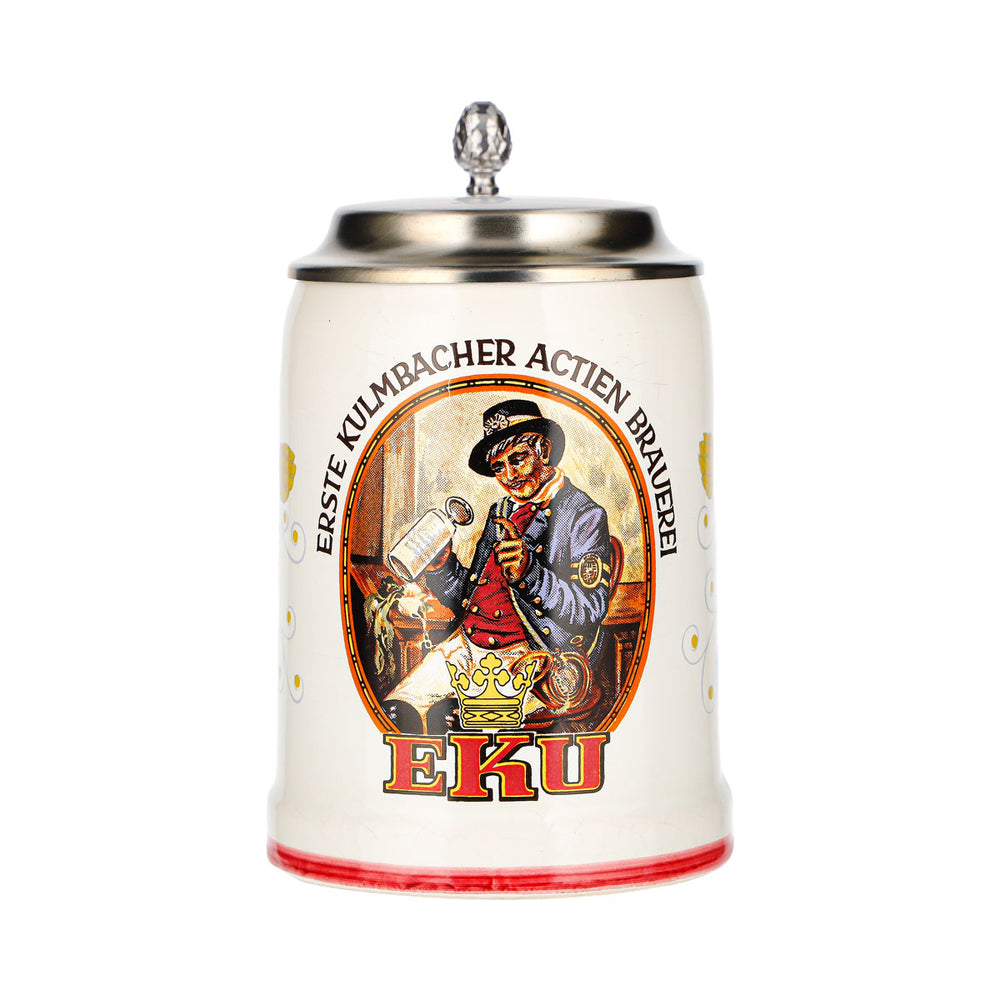 Chope Eku avec couvercle en étain, verre, « Erste Kulmbacher Actien Brauerei », céramique
