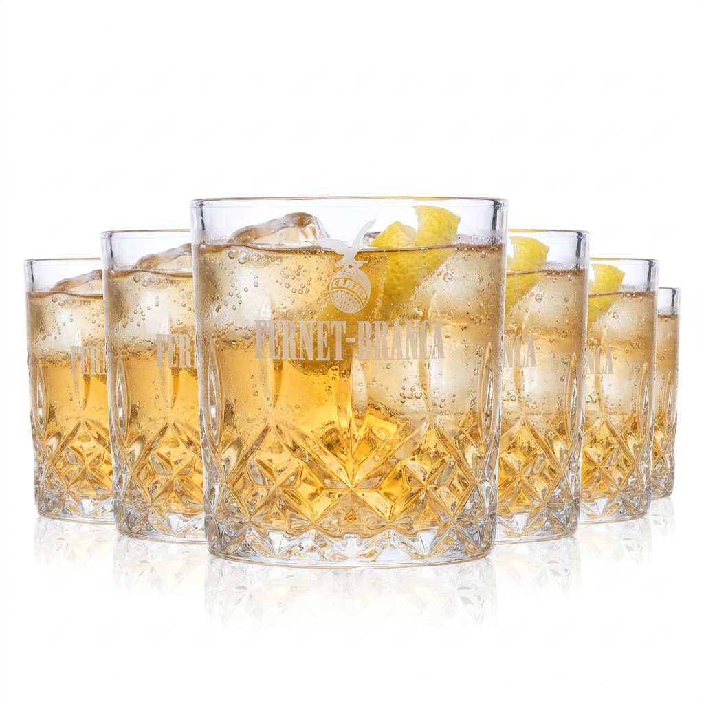 Lot de 6 verres Fernet Branca – Verres à pied de 0,24 l avec relief en cristal, pour le Fernet-Tonic, les digestifs et les cocktails