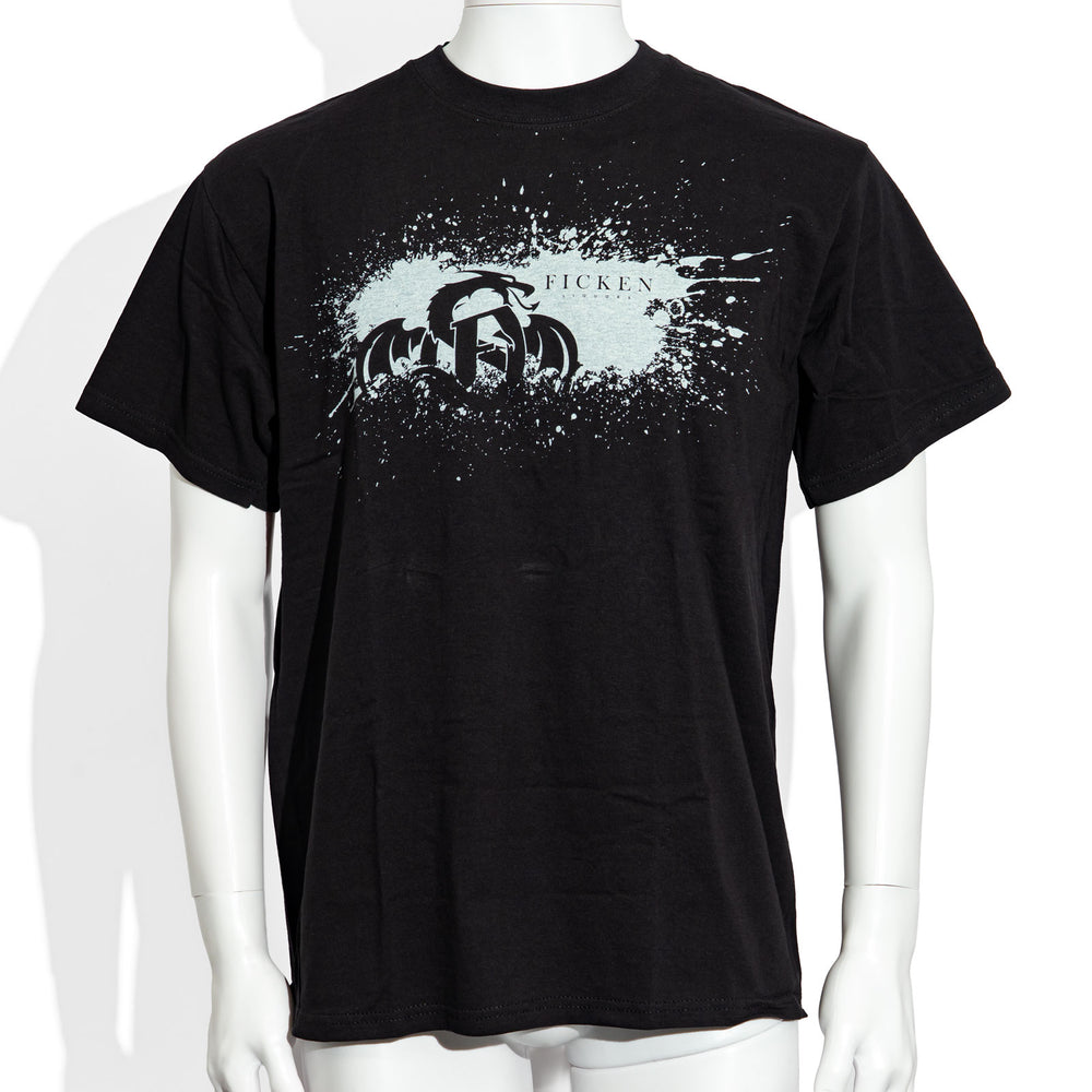 T-shirt en coton « Ficken » à motif de dragon noir et impression argentée, taille L