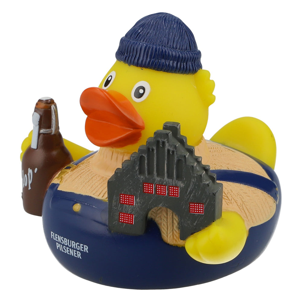 Canard de bain à l'effigie de la bière de Flensburg, canard en caoutchouc, canard qui couine, cadeau culte