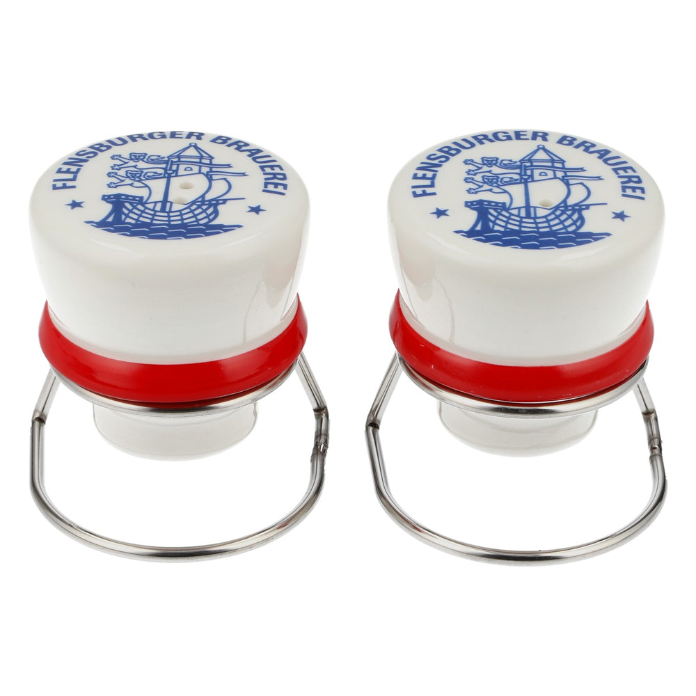 Salière et poivrière « Flensburger Pilsener FLENS » avec « bouchon à clip Plopper »