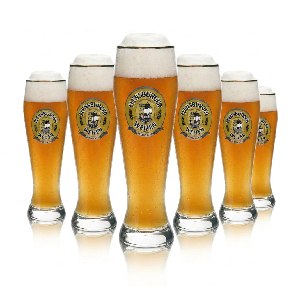 Verres à bière de blé de Flensburg, lot de 6, 0,3 l, verre à bière de blé à bord doré, Hefeweizen Rastal