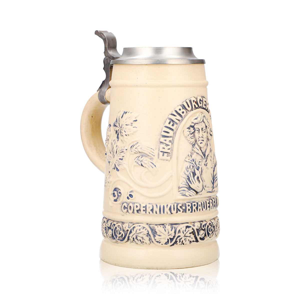 Verre à bière « Mumme » de Frauenburg, chope en terre cuite de 0,74 l avec couvercle en étain, décor en relief représentant Copernic – Vue 2