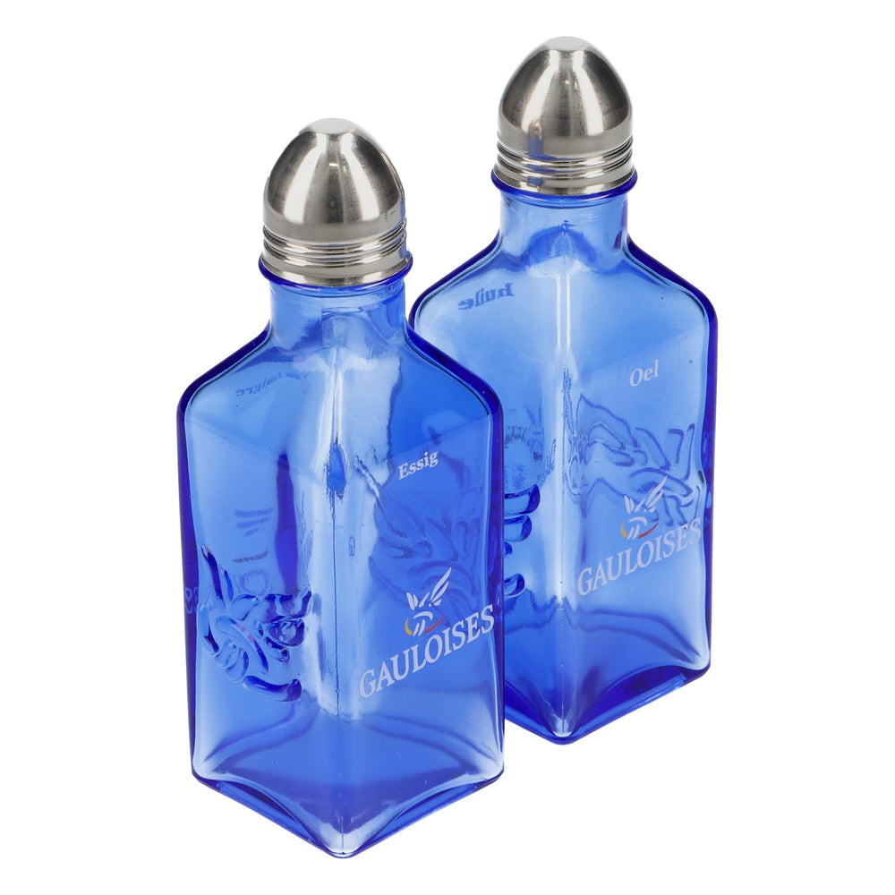 Gauloises cigarettes Verre Bouteille d'huile et de vinaigre Set Menagenset bleu
