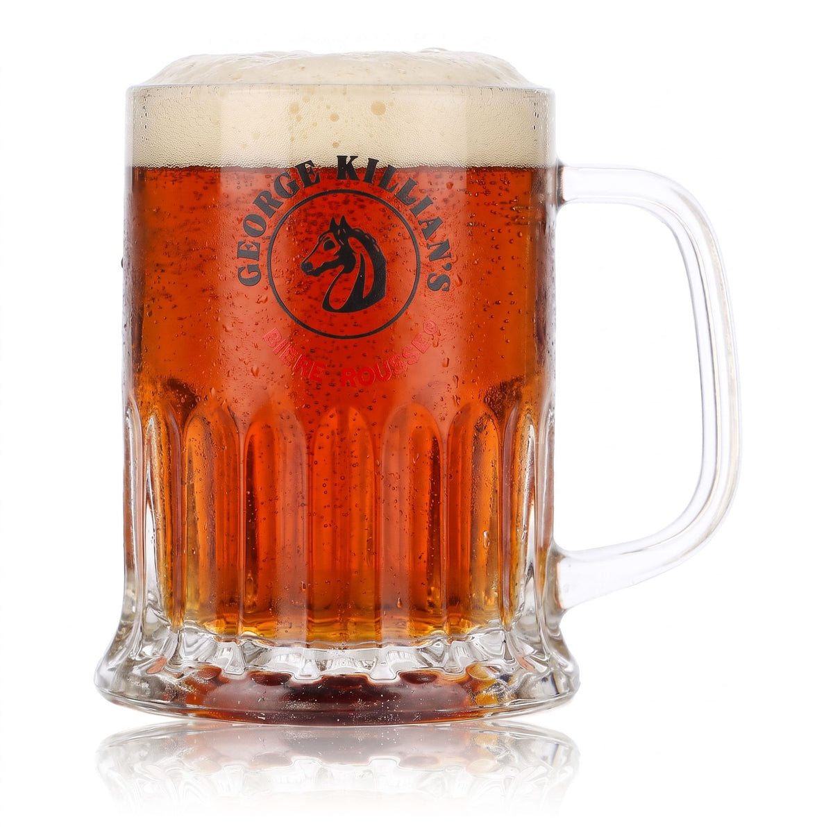 Verre à bière George Killian's, chope de 0,36 l, bières « Rousse », logo « Chevaux » en relief