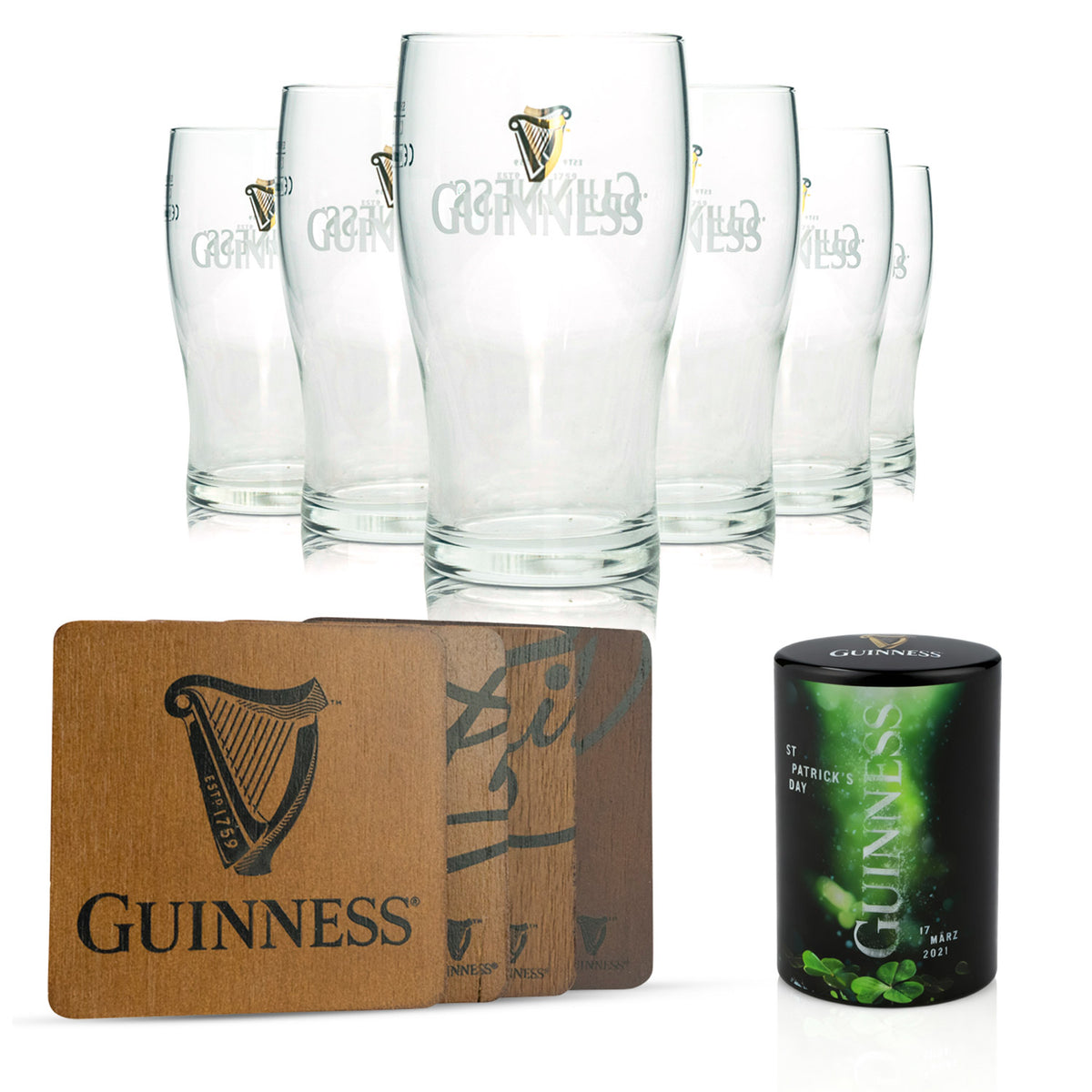 Ensemble Guinness Beer Bar composé de verres à bière, sous-verres et décapsuleurs
