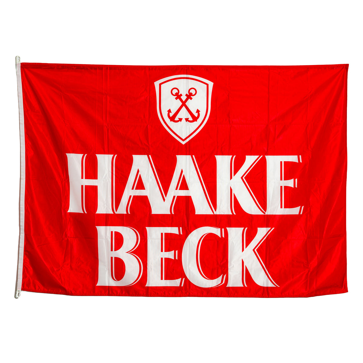 Bannière « Haake Beck » en tissu mélangé rouge, 140 x 200 cm, représentant un verre de bière