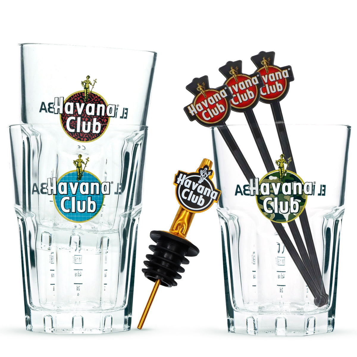 Havana Club Rum Bar Bundle Set I comprenant 3 verres, 3 agitateurs et un bec verseur