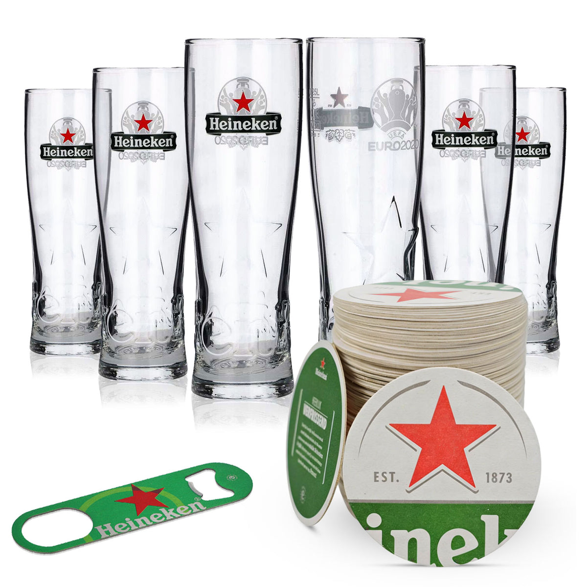 Ensemble Heineken Beer Bar Bundle Set I comprenant 6 verres à bière de 0,25 l, 100 sous-verres et un décapsuleur
