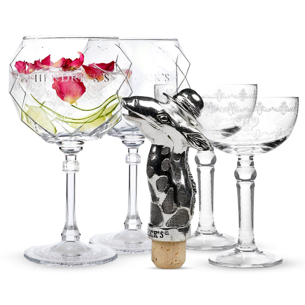 Hendricks Gin Bar Bundle Set I composé de 2 verres ballon, 2 verres à pied et un bec verseur en métal