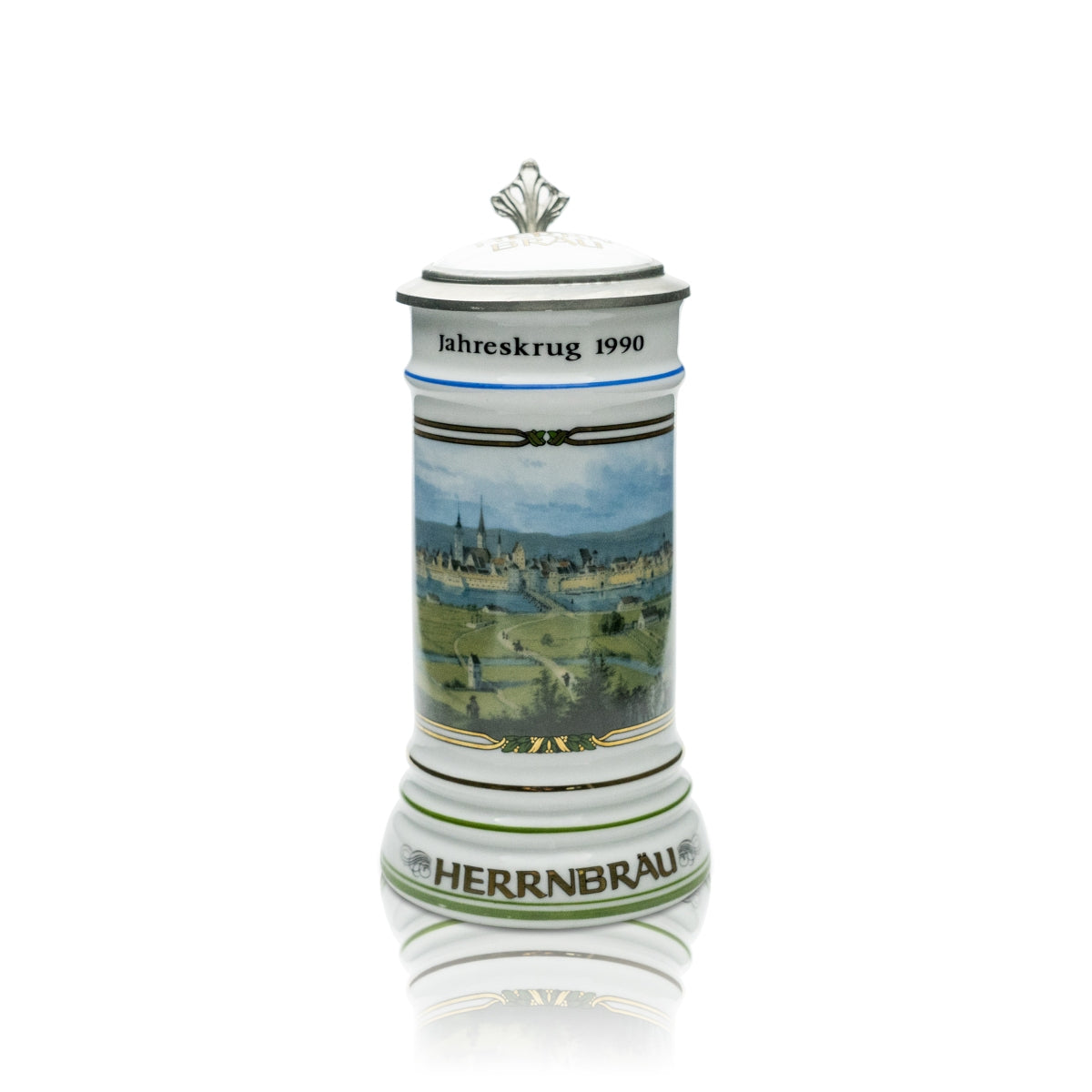 Herrnbräu Bierkurg Verre Chope annuelle 1990 Couvercle en étain Certificat Collectionneur Chope