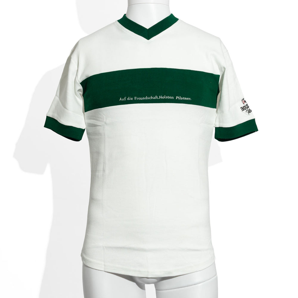 T-shirt Holsten vert/blanc « Auf die Freundschaft » (À l'amitié) Col en V Taille S/M