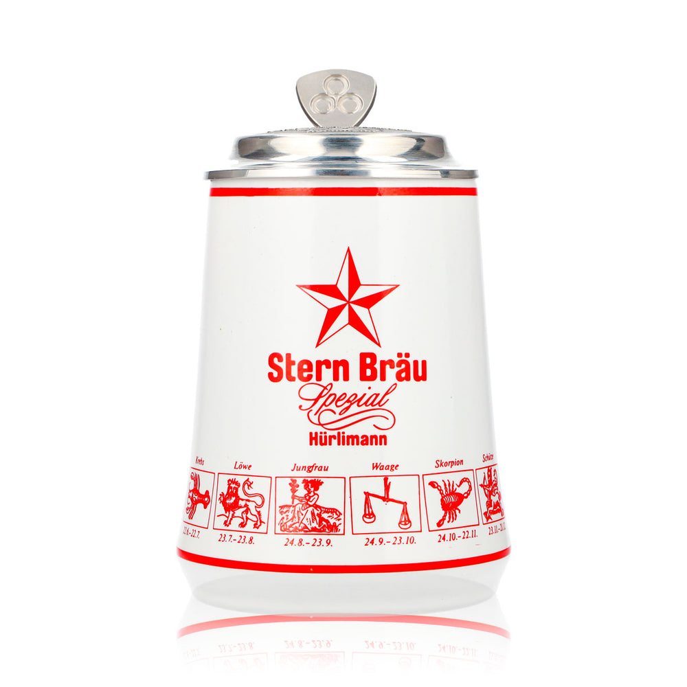 Verre à bière Hürlimann Sternbräu, chope en terre cuite de 0,62 l avec couvercle en étain orné d'un relief représentant un signe du zodiaque