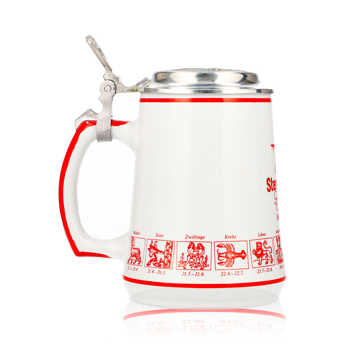 Verre à bière Hürlimann Sternbräu, chope en terre cuite de 0,62 l avec couvercle en étain orné d'un relief représentant un signe du zodiaque – Vue 3