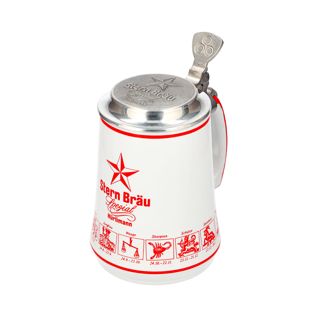 Verre à bière Hürlimann Sternbräu, chope en terre cuite de 0,62 l avec couvercle en étain orné d'un relief représentant un signe du zodiaque – Vue 6