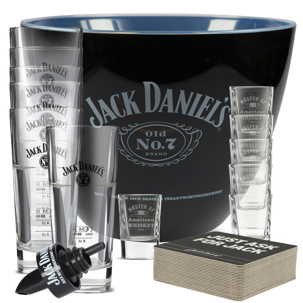 Jack Daniels Bar Bundle Set II composé de 6 verres à long drink, 6 verres à shot, un verseur et un refroidisseur