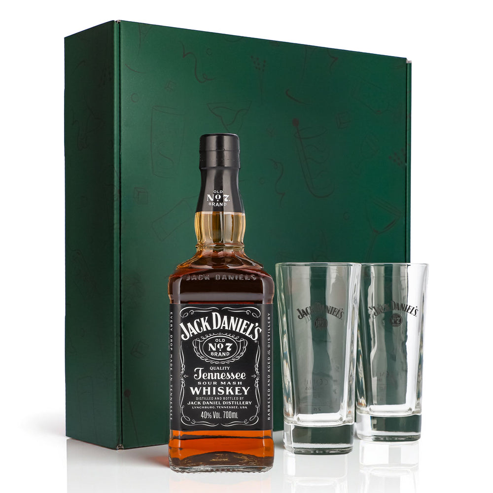 Jack Daniels Geschenkset 0,7l Flasche 40,0 % Vol. + Longdrinkgläser–Grün
