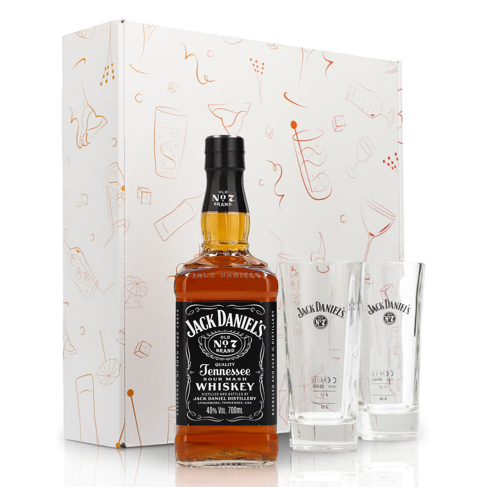 Jack Daniels Geschenkset 0,7l Flasche 40,0 % Vol. + Longdrinkgläser–Weiß