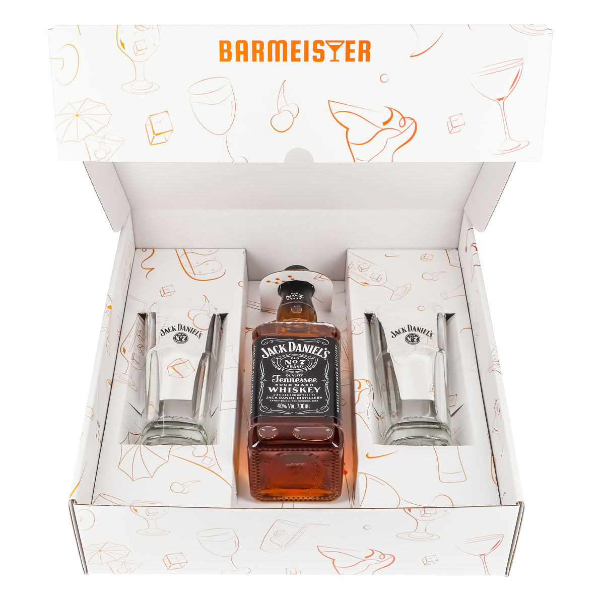 Jack Daniels Geschenkset 0,7l Flasche 40,0 % Vol. + Longdrinkgläser stapelbar–Weiß – Ansicht 2