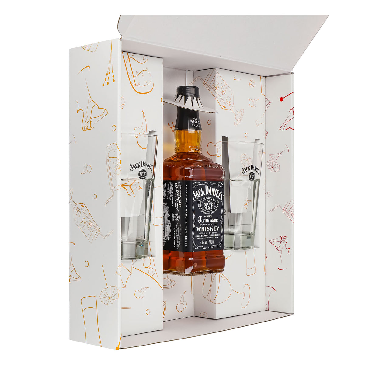 Jack Daniels Geschenkset 0,7l Flasche 40,0 % Vol. + Longdrinkgläser stapelbar–Weiß – Ansicht 4