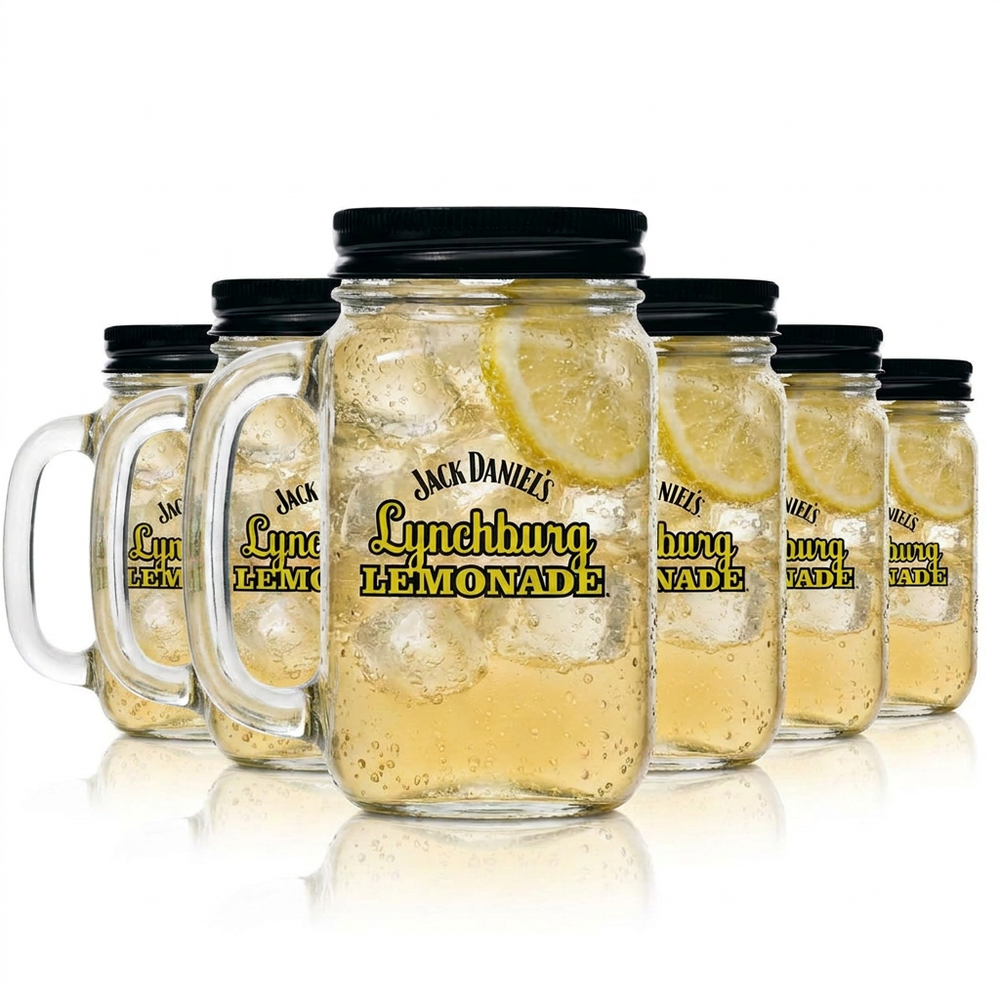 Lot de 6 verres Jack Daniels Lynchburg Lemonade, Mason Jar 0,48 l, avec anse et couvercle