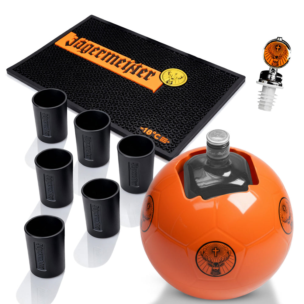 Ensemble Jägermeister Bar Bundle Set II composé de 6 verres à shot 2 cl, bec verseur, refroidisseur et tapis de bar