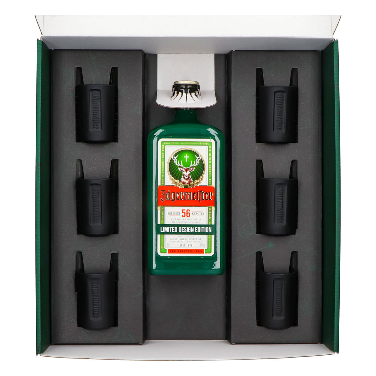 Jägermeister Geschenkset 0,7l Flasche 35,0 % Vol. + Shotgläser Schwarz–Grün – Ansicht 3