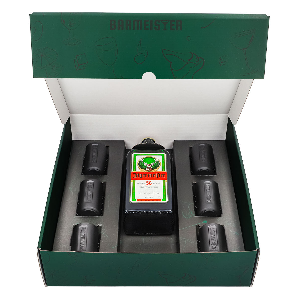 Jägermeister Geschenkset 0,7l Flasche 35,0 % Vol. + Shotgläser Schwarz–Grün – Ansicht 2