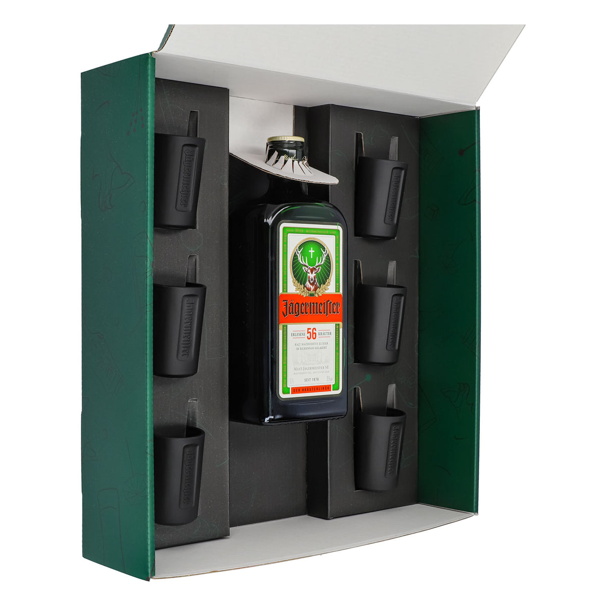 Jägermeister Geschenkset 0,7l Flasche 35,0 % Vol. + Shotgläser Schwarz–Grün – Ansicht 4