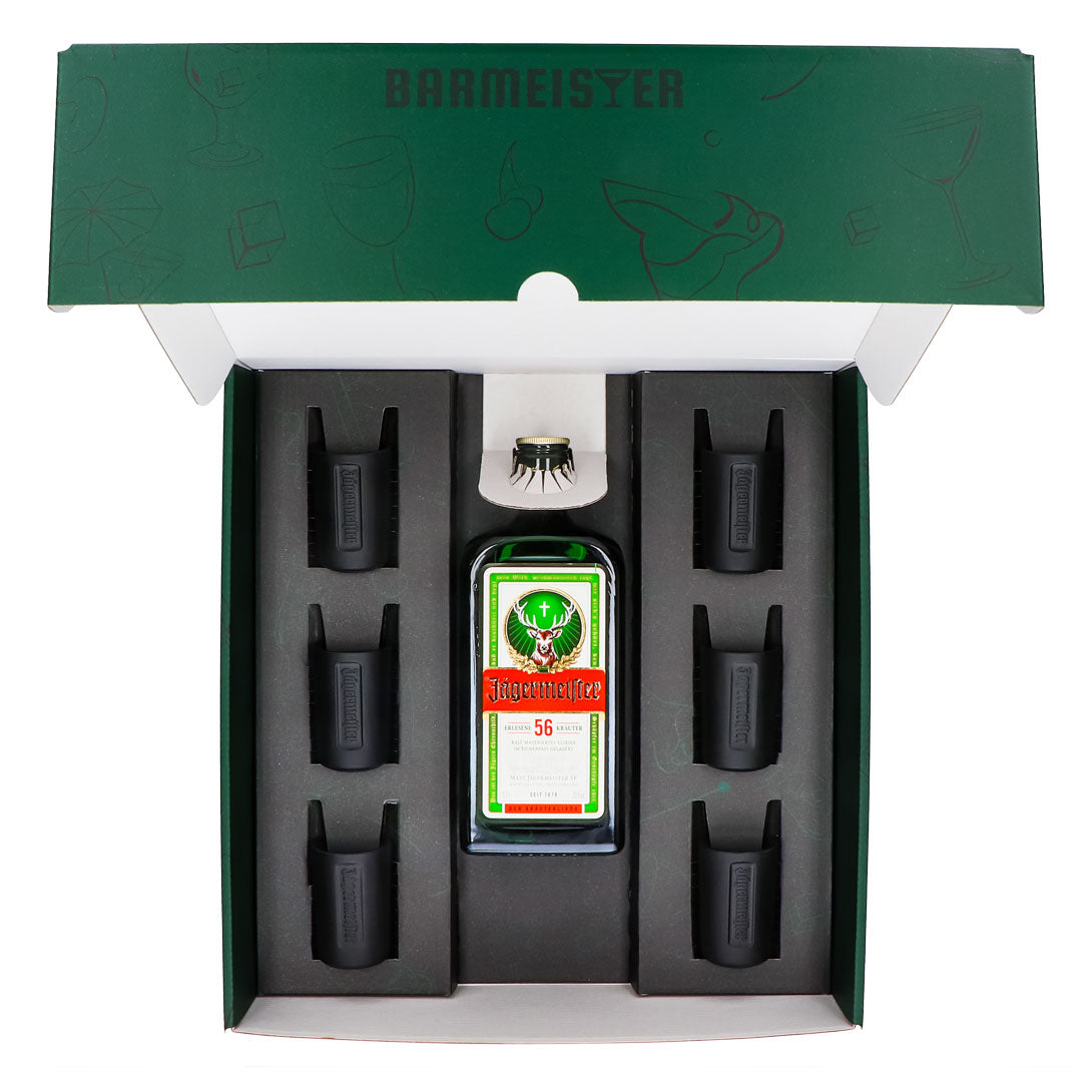 Jägermeister Geschenkset 0,7l Flasche 35,0 % Vol. + Shotgläser Schwarz–Grün – Ansicht 5