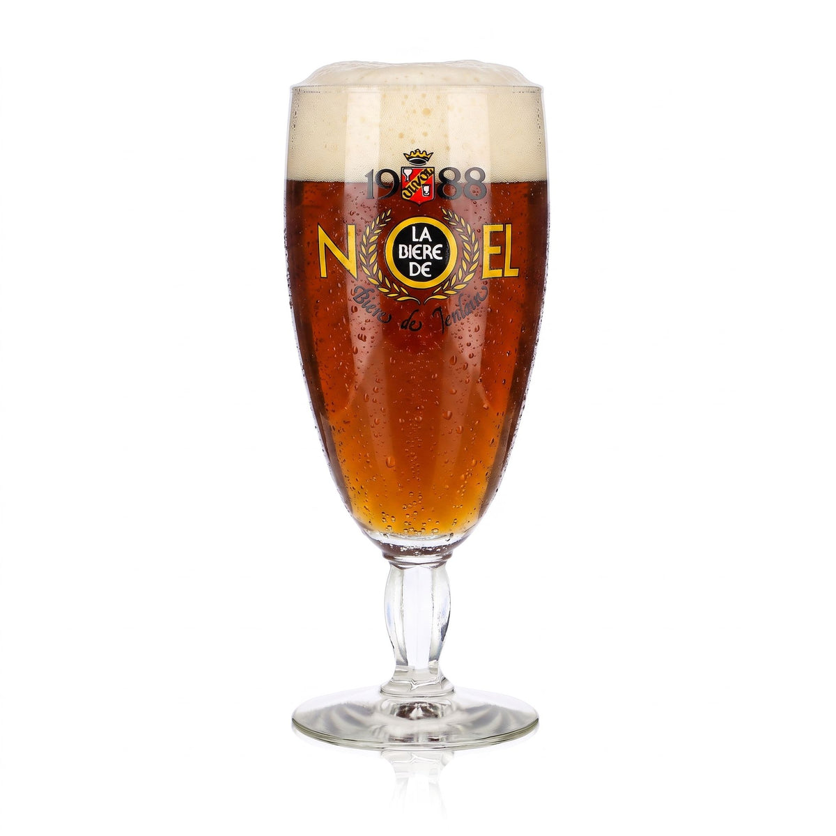 Verre à bière Jenlain, coupe 0,25 l, forme tulipe « Noël 1988 », pied carré