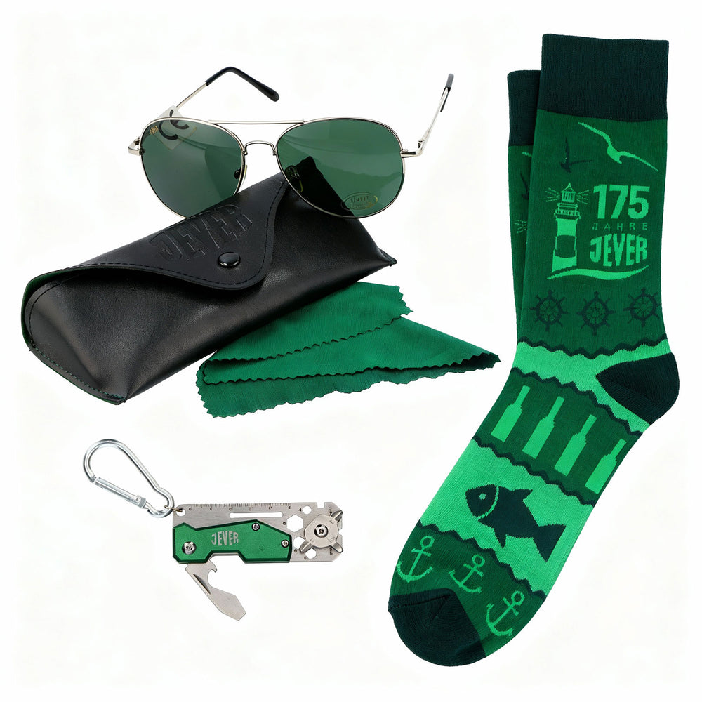 Ensemble loisirs Jever Bier composé de lunettes de soleil, chaussettes et outil multifonctions / cadeau