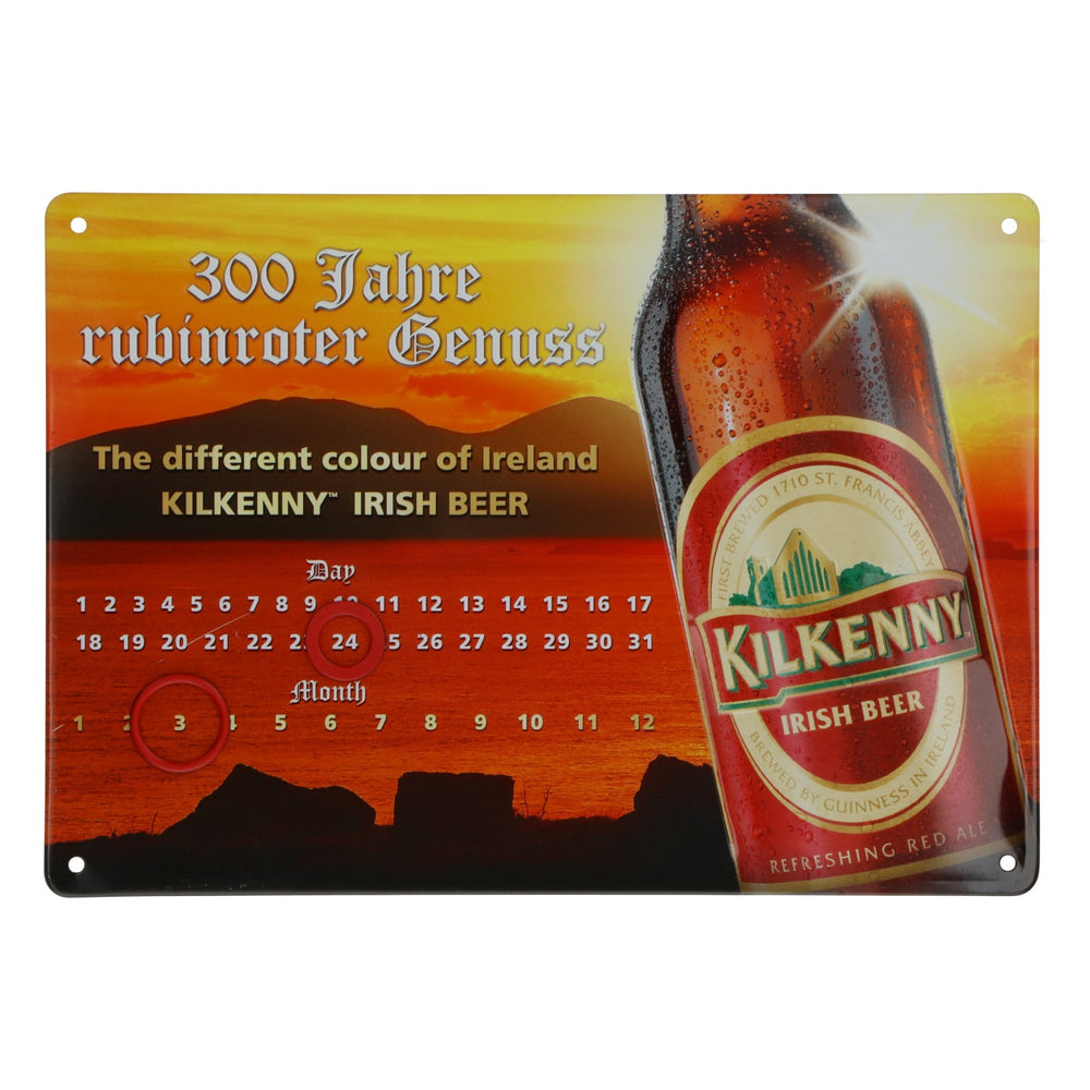 Plaque en métal « Kilkenny Beer » avec calendrier perpétuel, décoration murale « Irish Pup »