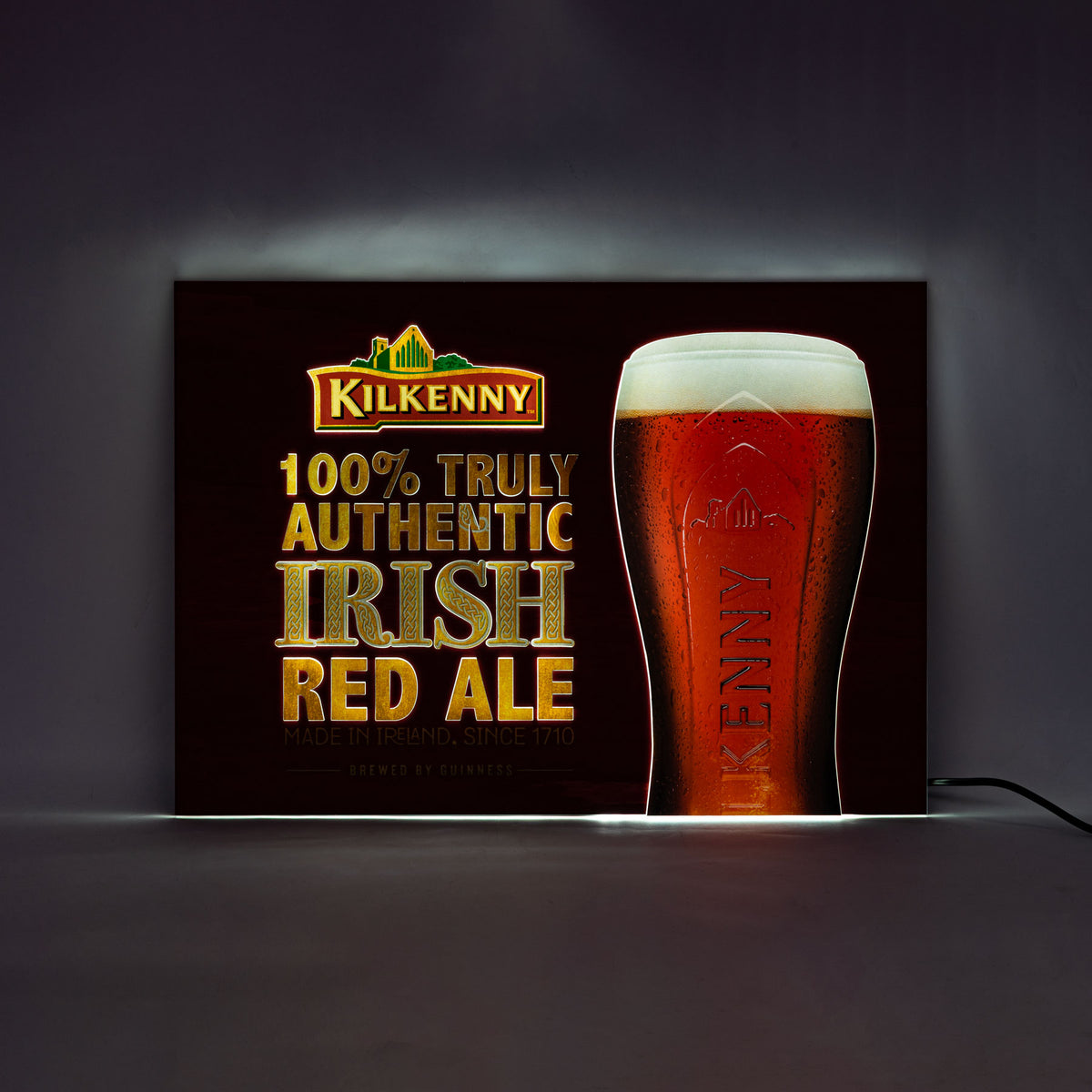 Enseigne lumineuse LED Kilkenny Beer, enseigne lumineuse en bois rouge, bloc d'alimentation inclus