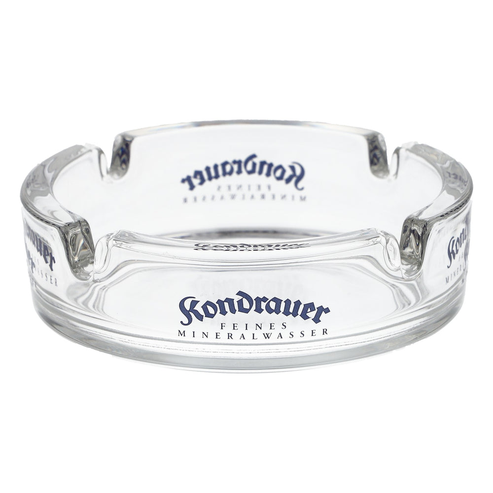 Cendrier Kondrauer en verre, logo bleu, transparent, objet de collection, bar