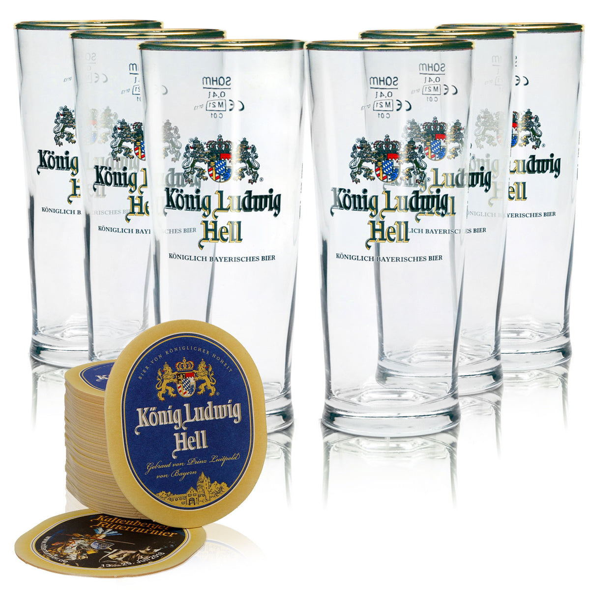 Lot König Ludwig Bier I composé de 6 verres à bière Willi et 70 sous-verres