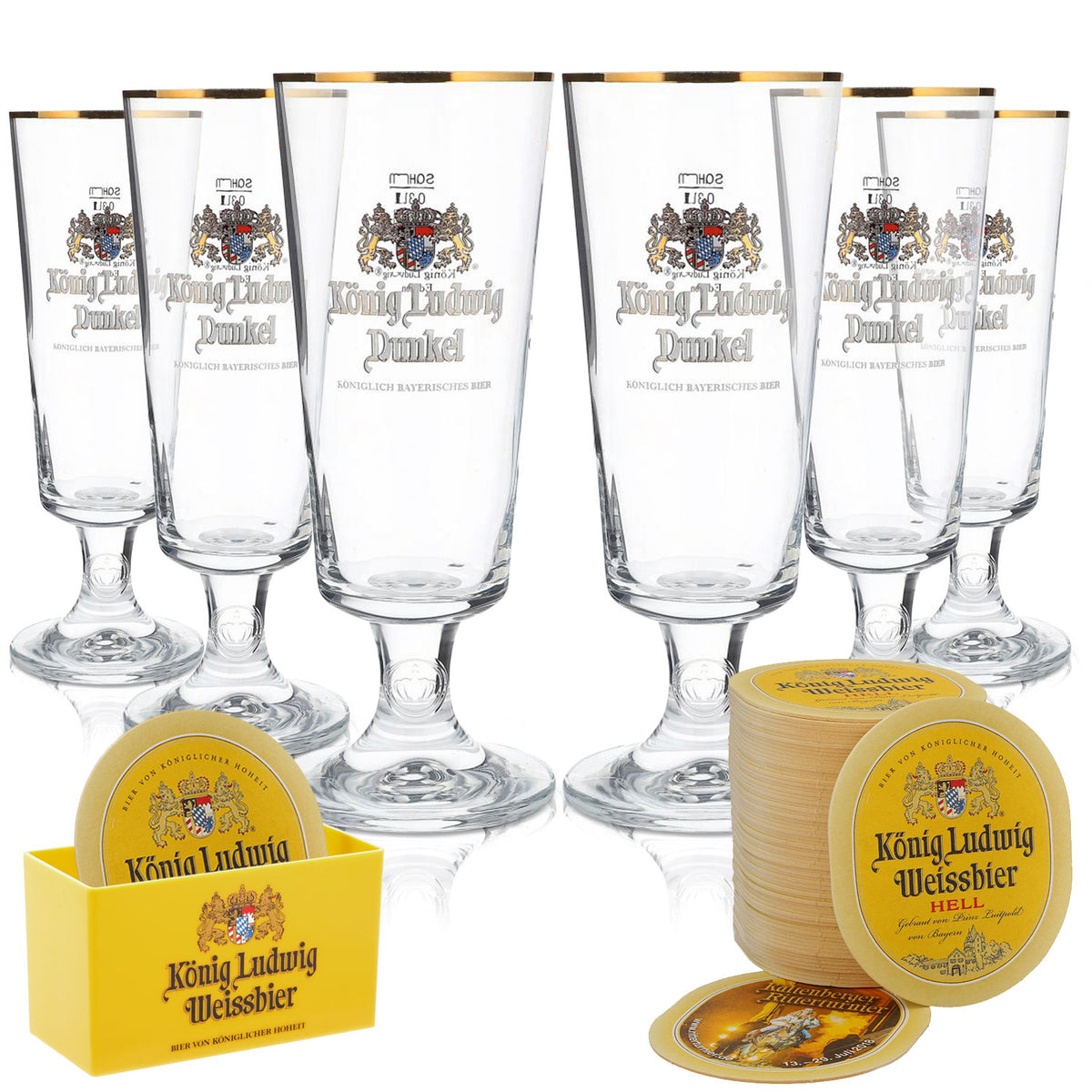 Ensemble König Ludwig Bier III composé de 6 verres à bière 0,3 l, 4 sous-verres et un couvercle
