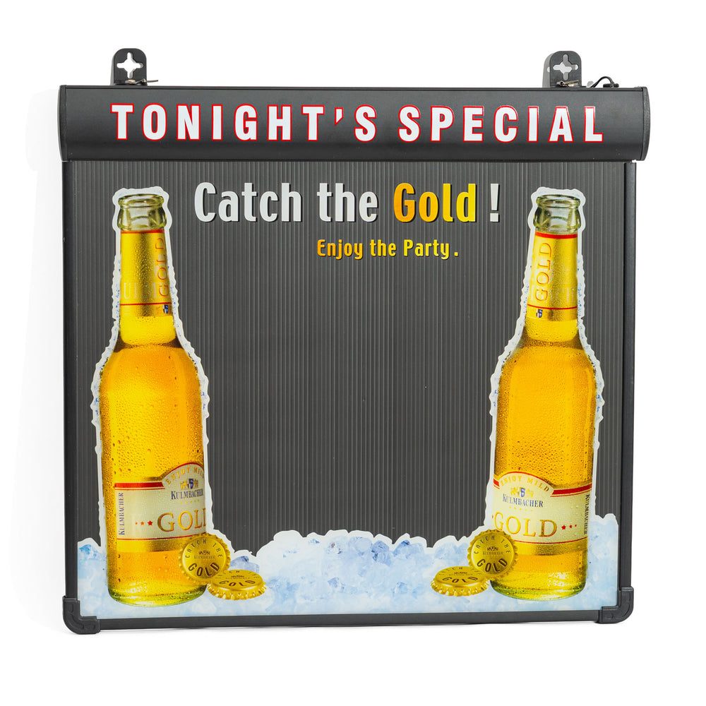 Enseigne lumineuse LED « Catch the Gold ! » de la bière Kulmbacher Reichelbräu – Tableau d'écriture