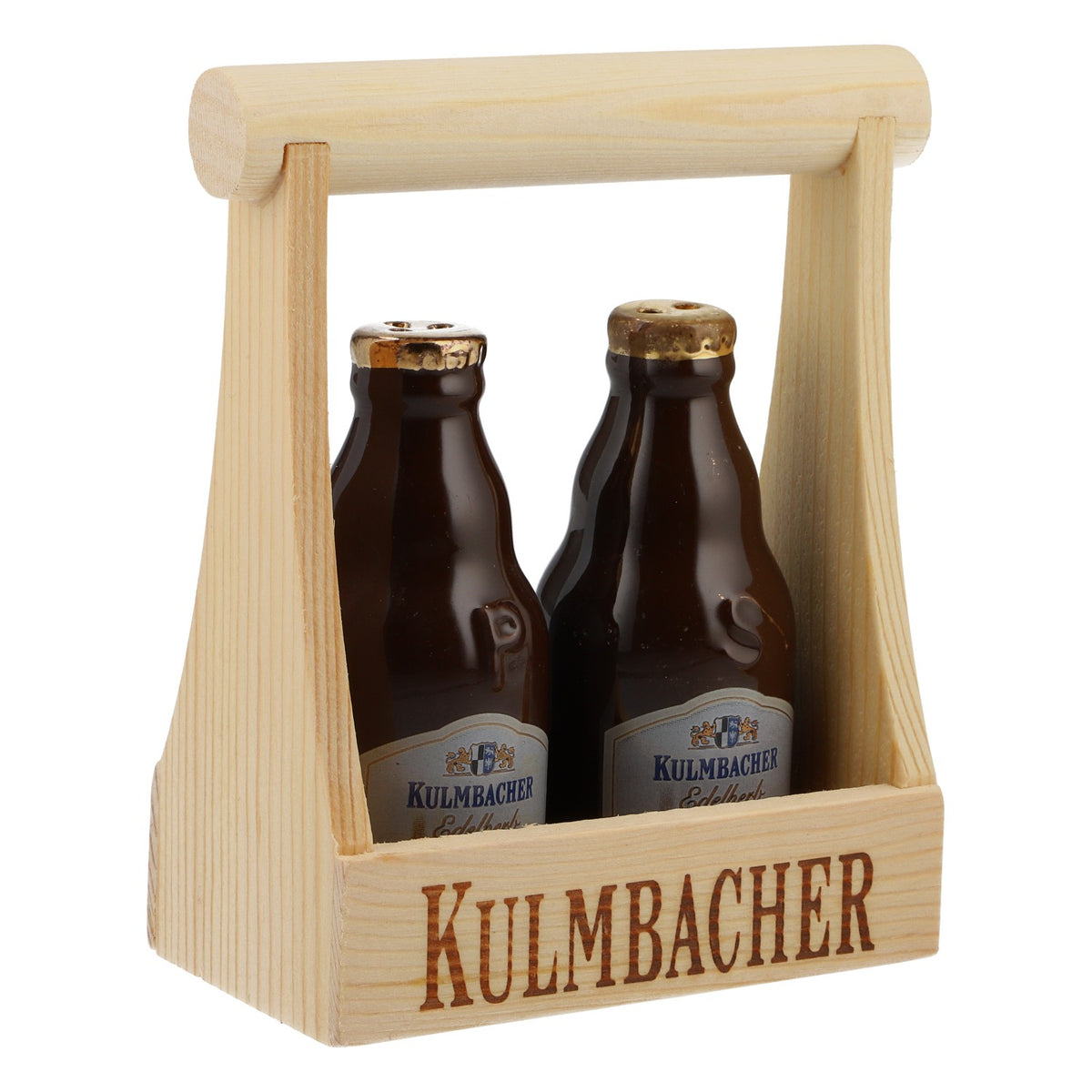 Ensemble sel et poivre « Kulmbacher Reichelbräu » en forme de bouteille avec support