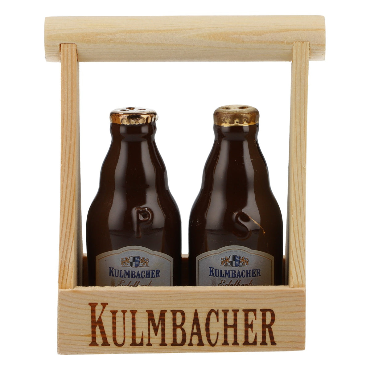 Ensemble sel et poivre « Kulmbacher Reichelbräu » en forme de bouteille avec support – Vue 2