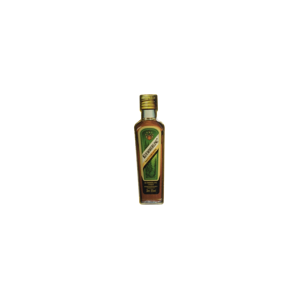 Bouteille miniature de liqueur aux herbes Kümmerling, pin's, verre à schnaps doré, chemise publicitaire inversée